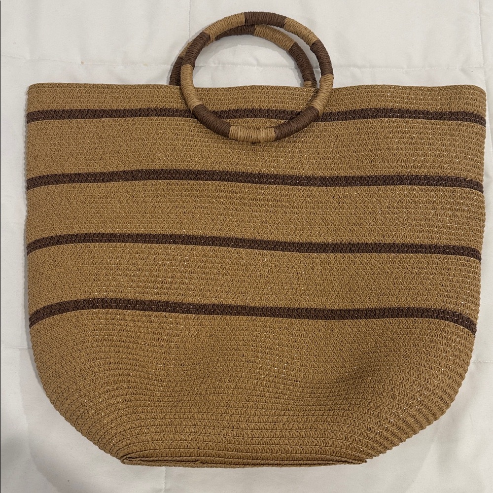 New- Striped Tan and Brown Woven Tote Bag